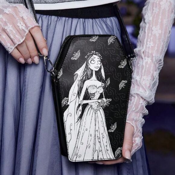 HALLOWEEN SALE Black Tim Burton Corpse Bride Coffin Leather Crossbody Bag - Picture 3 of 6